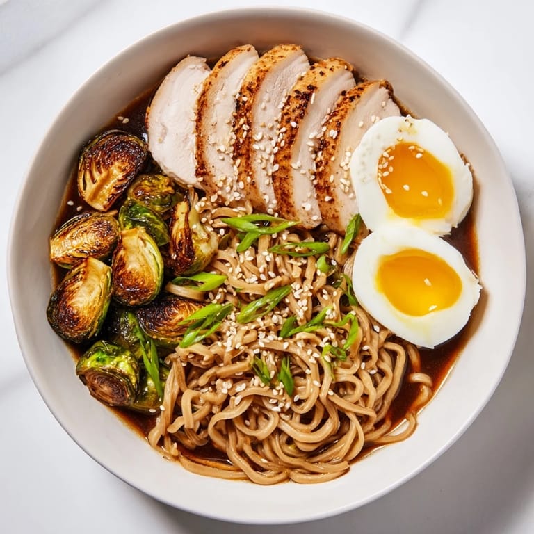 This vibrant photo shows a steaming serving of delicious Fusion Turkey Ramen garnished perfectly.