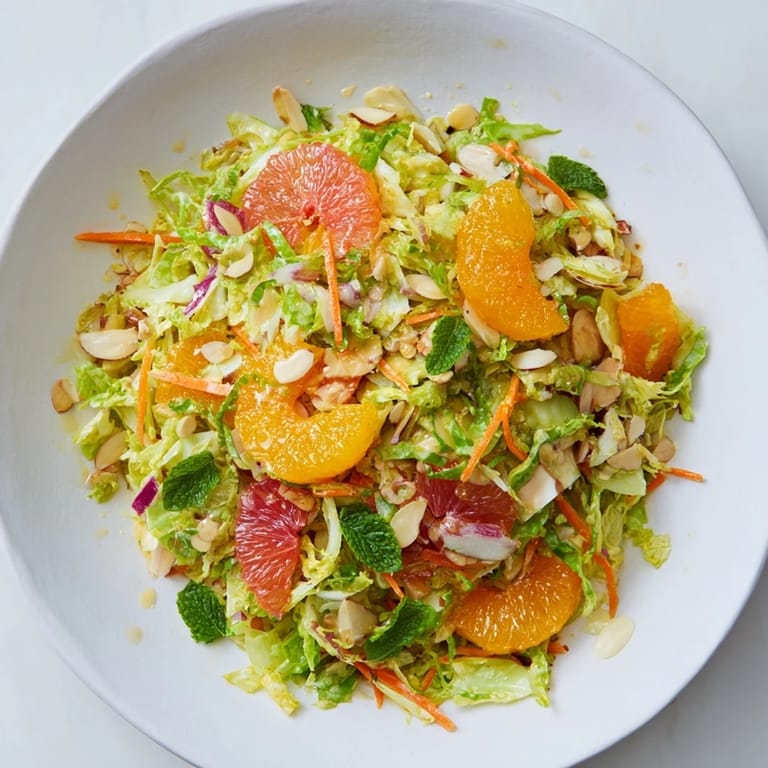 This vibrant Sparkling Citrus Brussels Sprouts Slaw features thinly sliced sprouts, a citrus dressing and herbs.