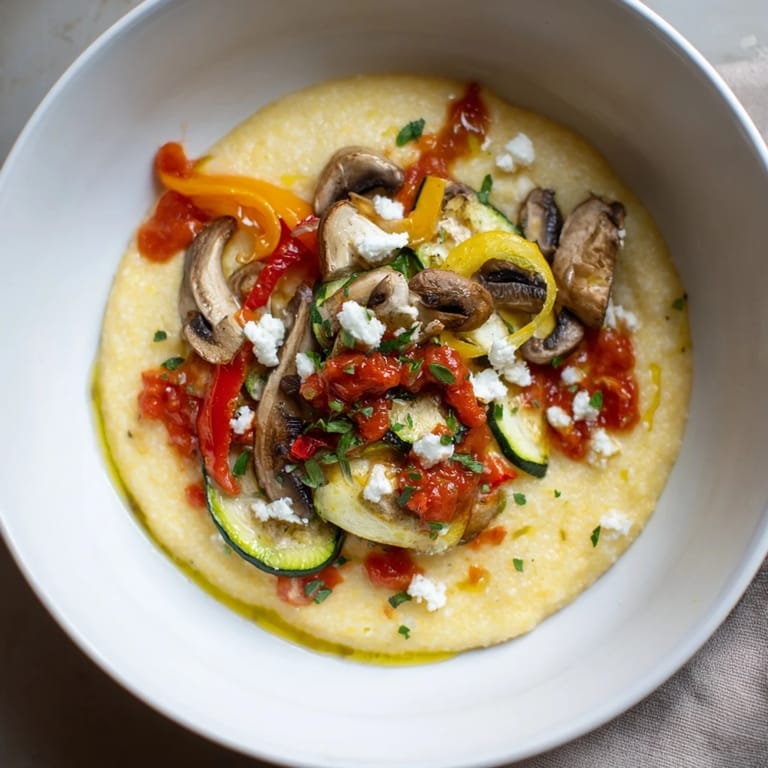 A close-up of a warm bowl of cornmeal mush polenta, with mushrooms and a sprinkle of herbs.