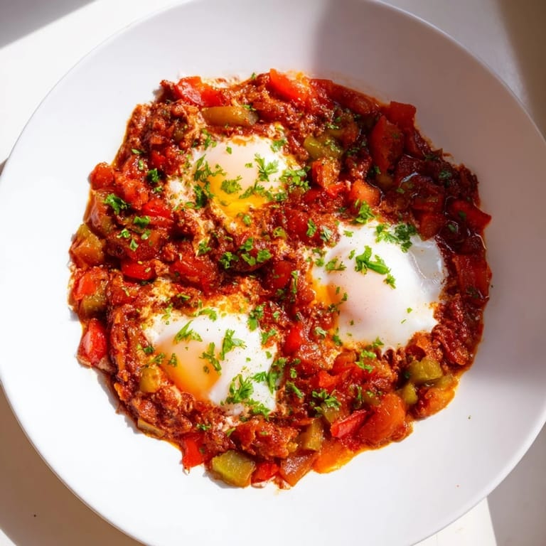 Fragrant shakshuka, featuring perfectly cooked eggs, ready to be scooped up with crusty bread.