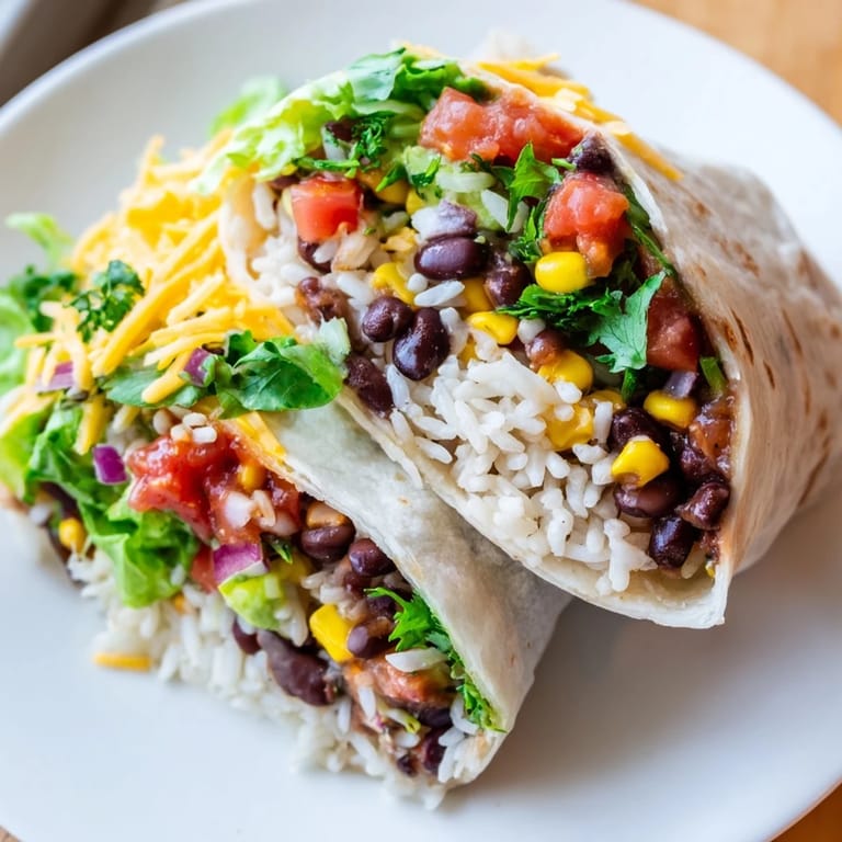 A close-up view of a freshly made Rice & Bean Burrito with a hearty filling, ready to eat.