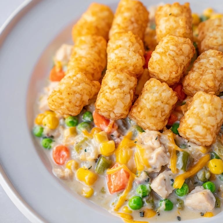 Close-up shot of bubbling Tater Tot Chicken Pot Pie, bubbling, delicious filling ready to serve.