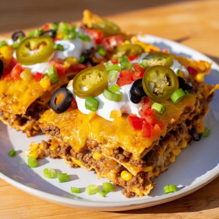 A bubbling baking dish of taco lasagna, showcasing cheesy layers and a Tex-Mex aroma.