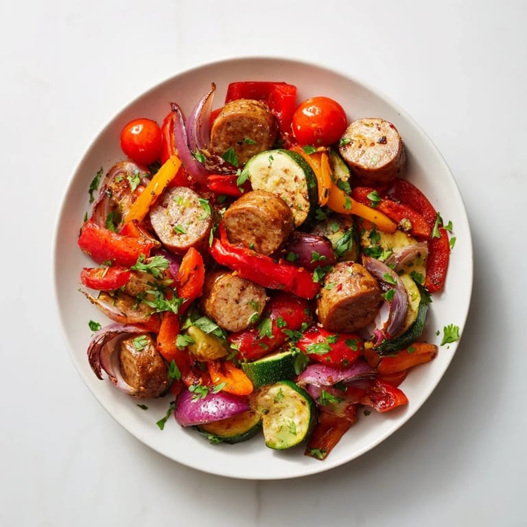 Savory sheet-pan roasted veggies & sausage, with fresh parsley and lemon wedges, ready to eat!