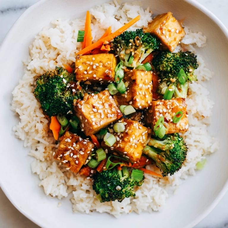 Tender broccoli and crispy sesame tofu, a flavorful dish served with steamed rice, ready to eat.