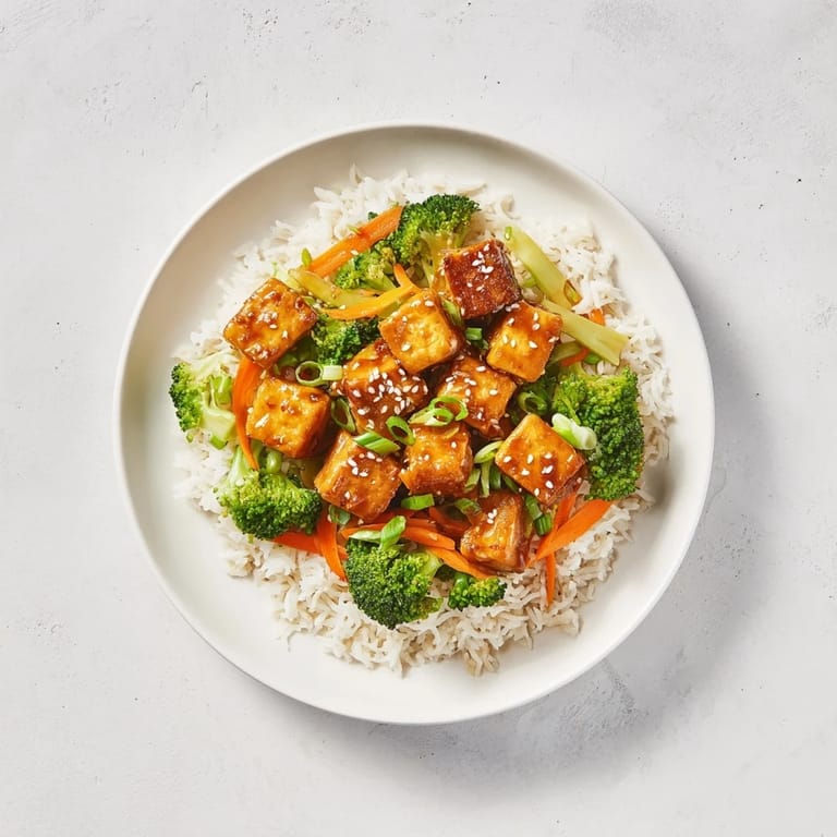 Savory sesame tofu & broccoli recipe: a colorful, vegetarian meal with steamed rice ready to serve.