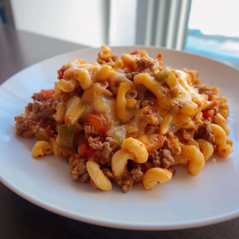 A close-up of a steaming hamburger casserole, showcasing melted cheese and savory ground beef.