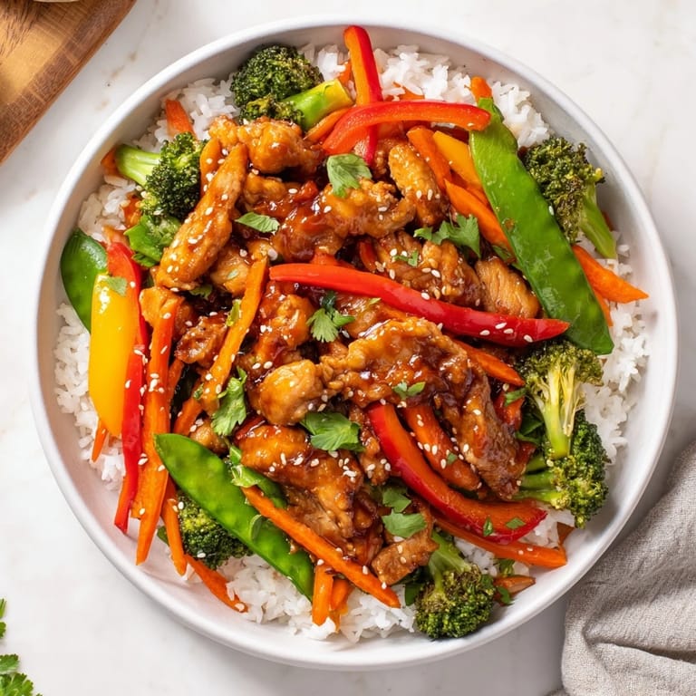 Golden-brown chicken strips mingle with colorful veggies in this savory Chicken Stir-Fry recipe.