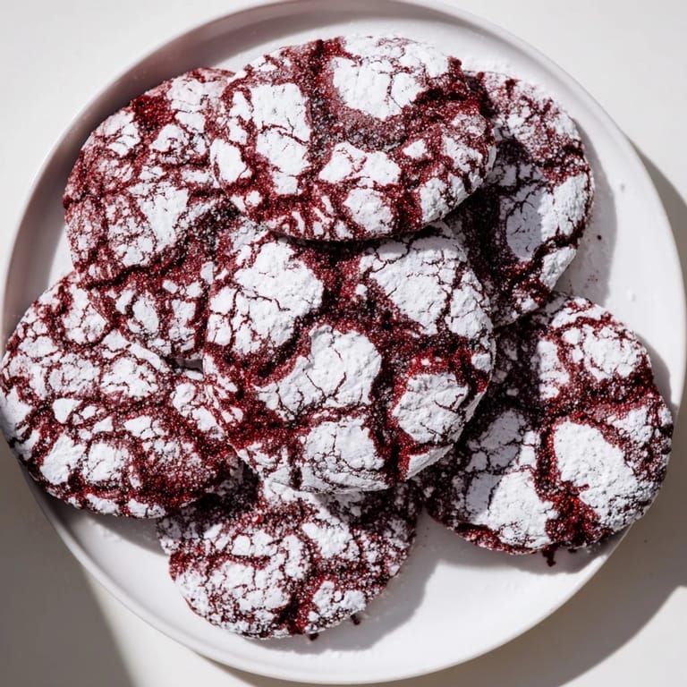 Chewy red velvet chocolate crinkle cookies, a festive treat with a rich cocoa and buttery flavor.