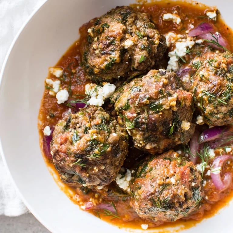 A close-up of delicious Instant Pot Greek Meatballs, showcasing their juicy texture and bright lemon-feta.