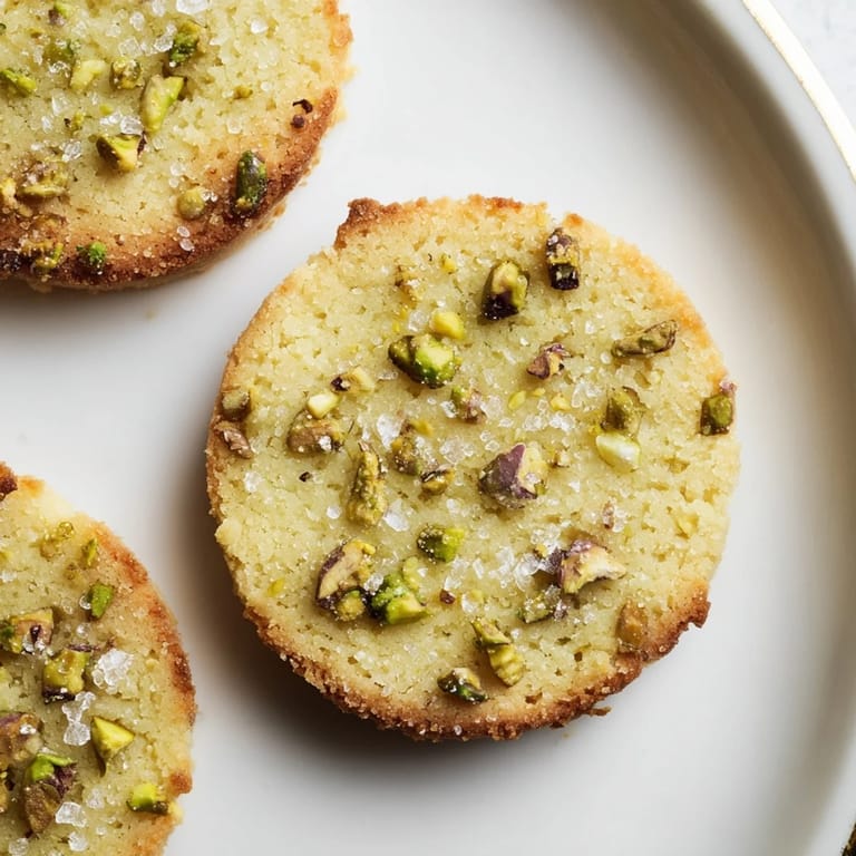 Close-up of a stack of homemade Salted Pistachio Slice & Bake Shortbread cookies, showing crunchy pistachios.