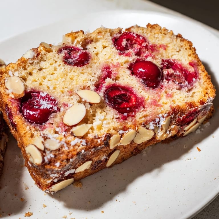 A golden-brown slice of Cherry Almond Loaf Cake, showing the tender crumb and almond topping.