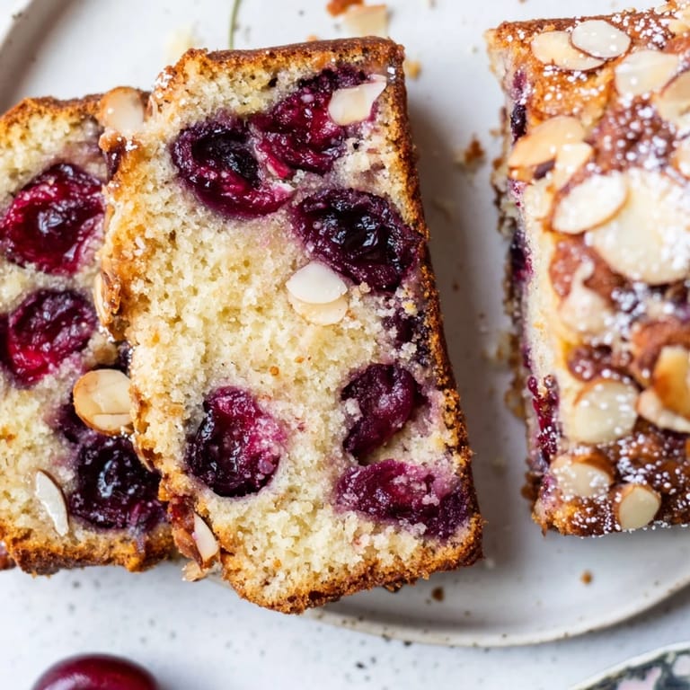 Freshly baked Cherry Almond Loaf Cake, speckled with cherries, ready to be enjoyed with coffee.