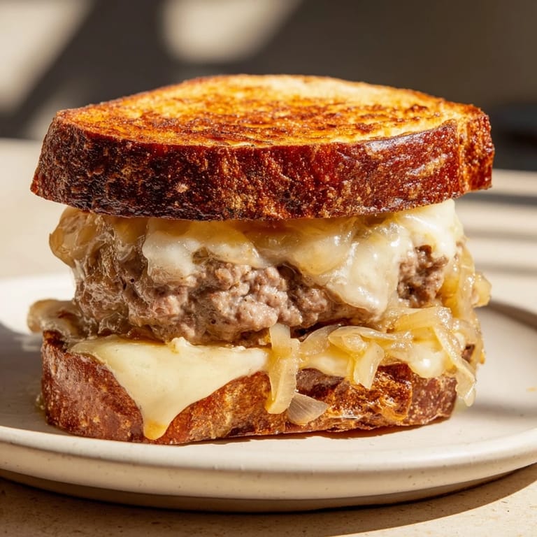 A delicious, perfectly cooked Patty Melt, featuring juicy beef and caramelized onions, ready to eat.