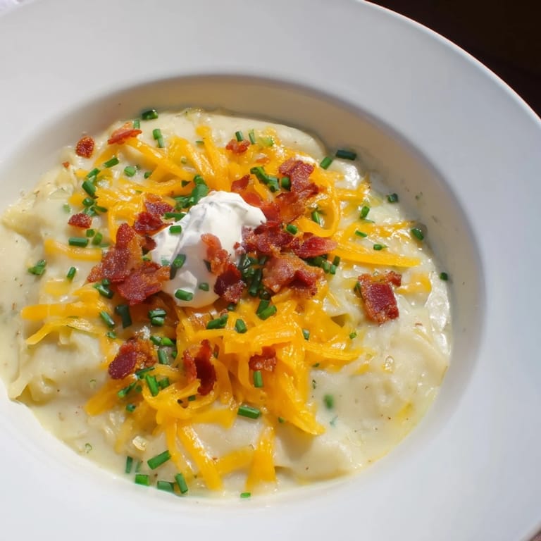 This gorgeous photo shows The Ultimate Baked Potato Soup, ready to eat with vibrant green chives.