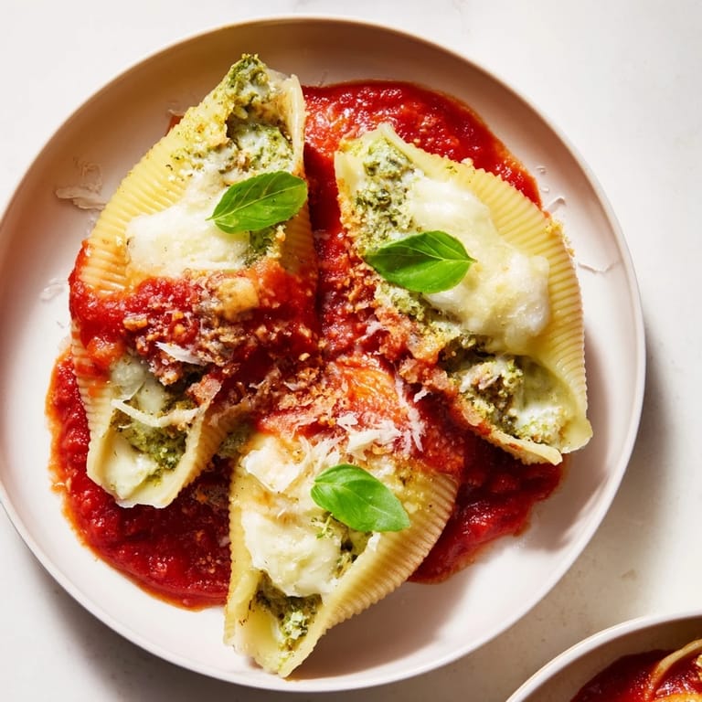 A close-up of pesto and ricotta stuffed shells overflowing with creamy filling, perfect for dinner.