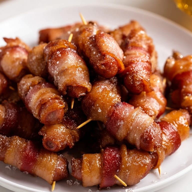 Close-up of baked 3-Ingredient Bacon-Wrapped Smokies, a savory treat ready to be enjoyed.