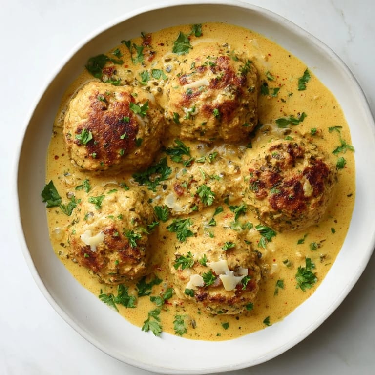 Warm, inviting picture of turkey meatballs in pumpkin sage sauce, ready over pasta for serving.