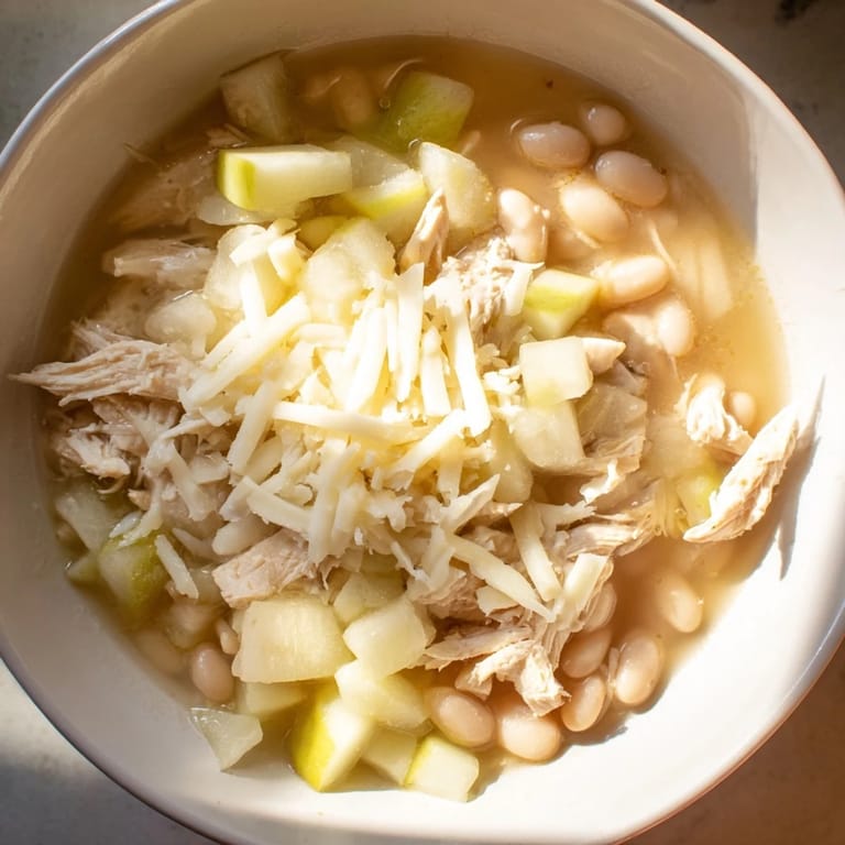 This creamy 35-Minute White Cheddar Apple Chicken Chili features tender chicken and sweet apples simmered with white beans.