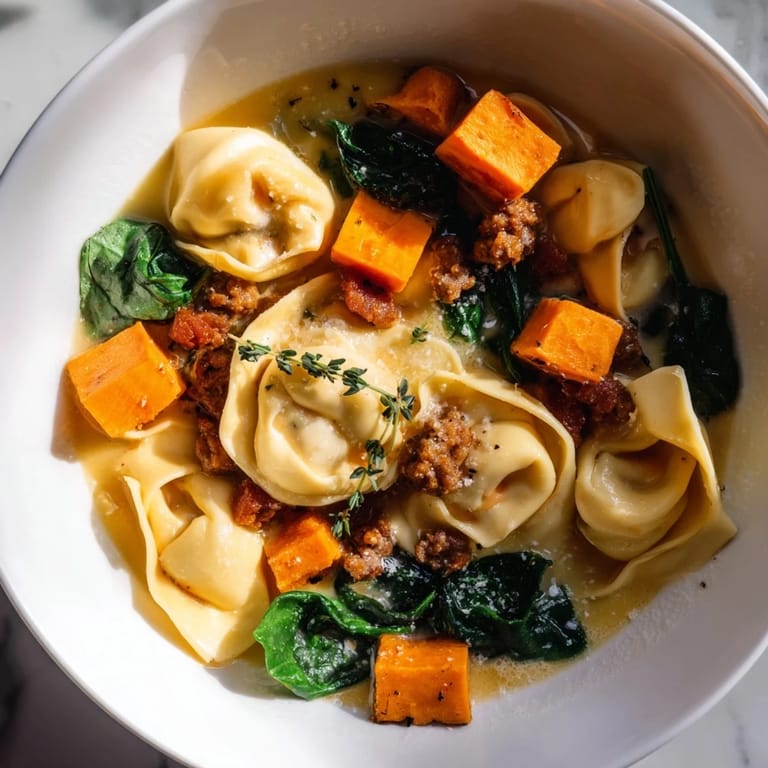 Rich, creamy broth surrounds Italian sausage, sweet potatoes, and tortellini, a perfect creamy soup.