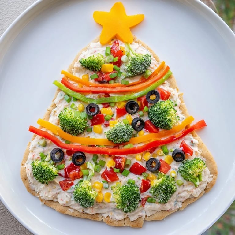 A close-up of a vibrant Easy Christmas Tree Veggie Pizza, featuring red and green toppings with a creamy base.