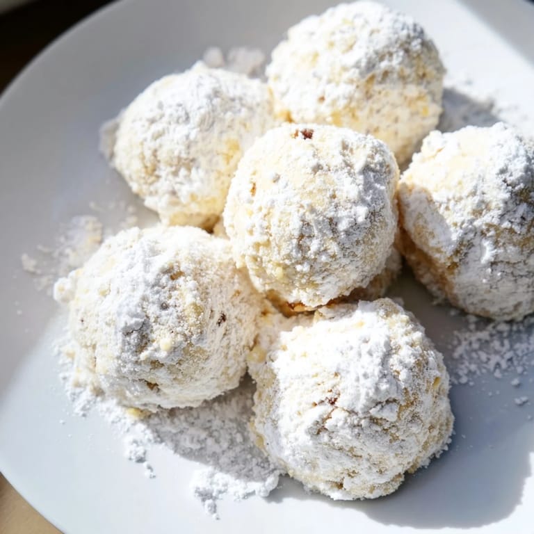 A close-up of powdered sugar covered Budget-Friendly Snowball Cookies, perfect for holiday baking at home.