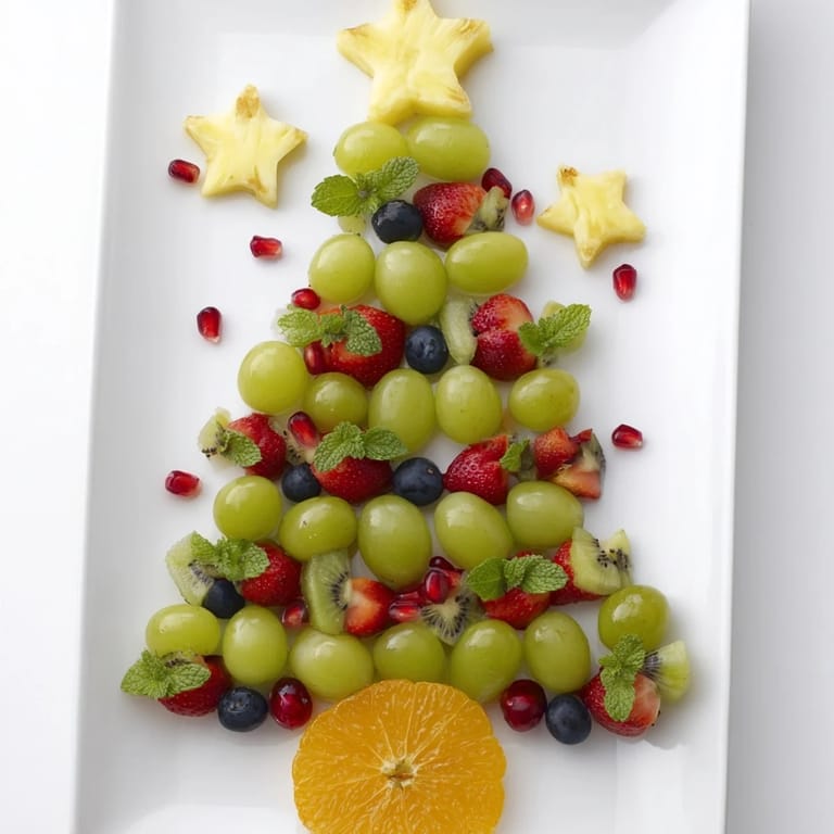 A colorful Quick Christmas Tree Fruit Platter, with kiwi and pineapple stars, ready for your Christmas table.