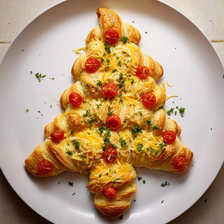 Warm, cheesy Budget Christmas Crescent Roll Trees, topped with bright red tomatoes, perfect holiday snacks.