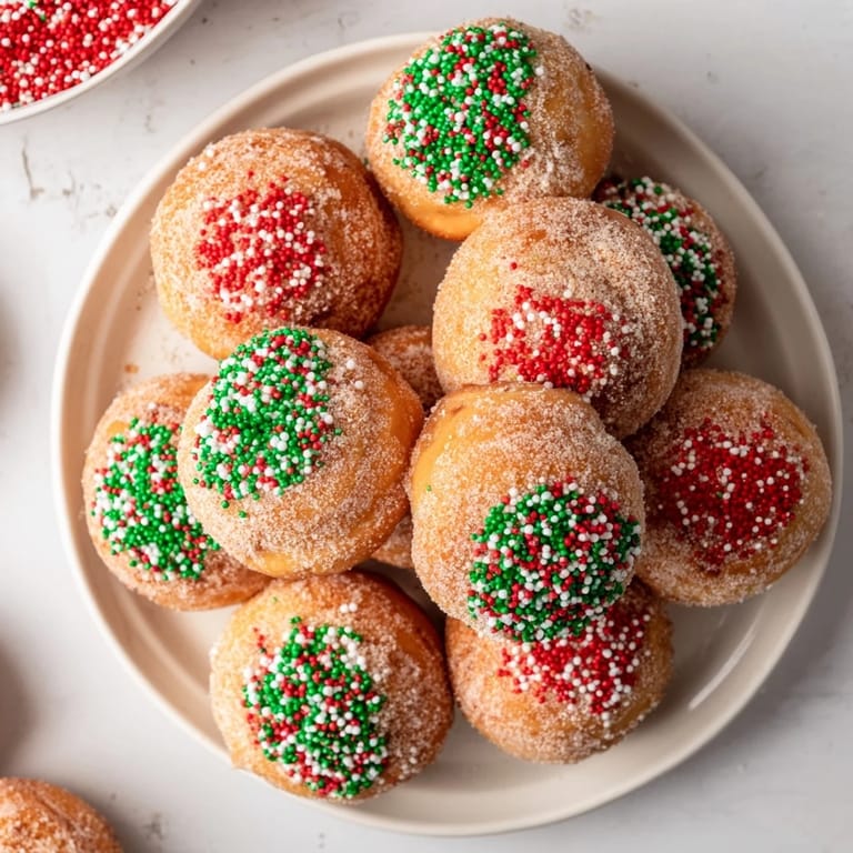 These delicious Air Fryer Christmas Donut Holes are perfectly bite-sized, warm, and ready to enjoy with a holiday theme.