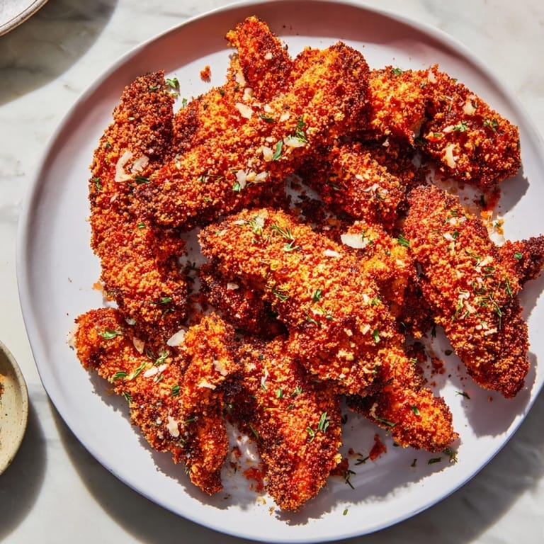 Close-up of air fryer festive chicken tenders, showing the crunchy breading and perfectly cooked chicken inside.