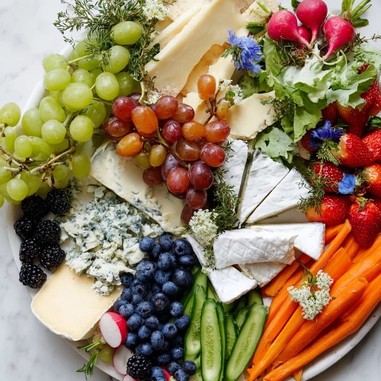 A visually appealing Enchanted Forest Grazing Board displays colorful fruit, artisanal cheeses, and fresh herbs to enjoy.