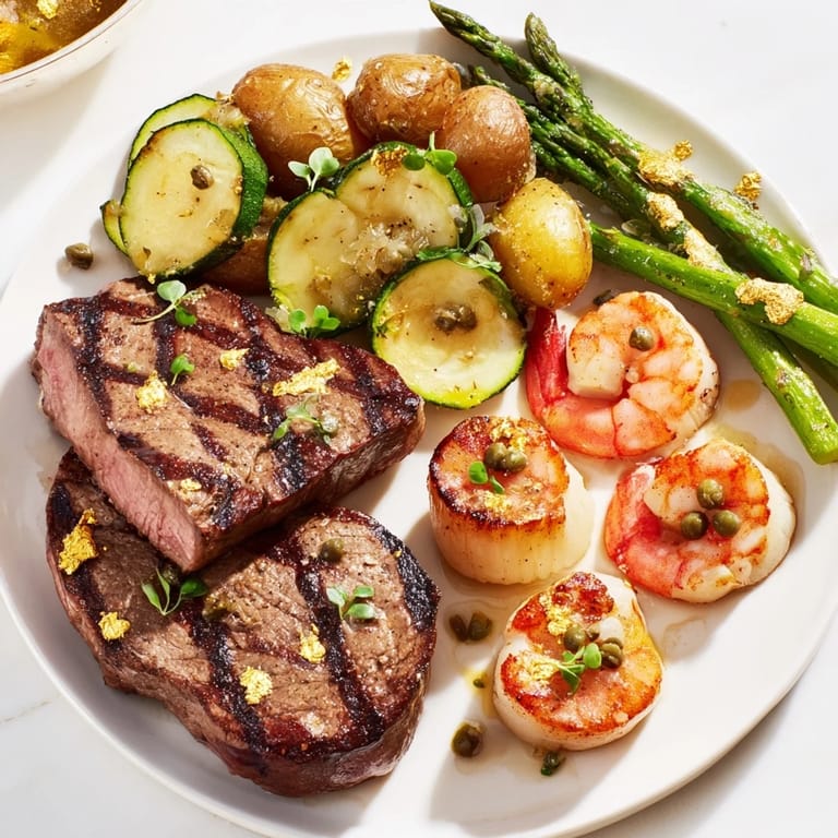 A Golden Heart Luxury Platter is filled with shrimp and roasted vegetables, ready for a feast.