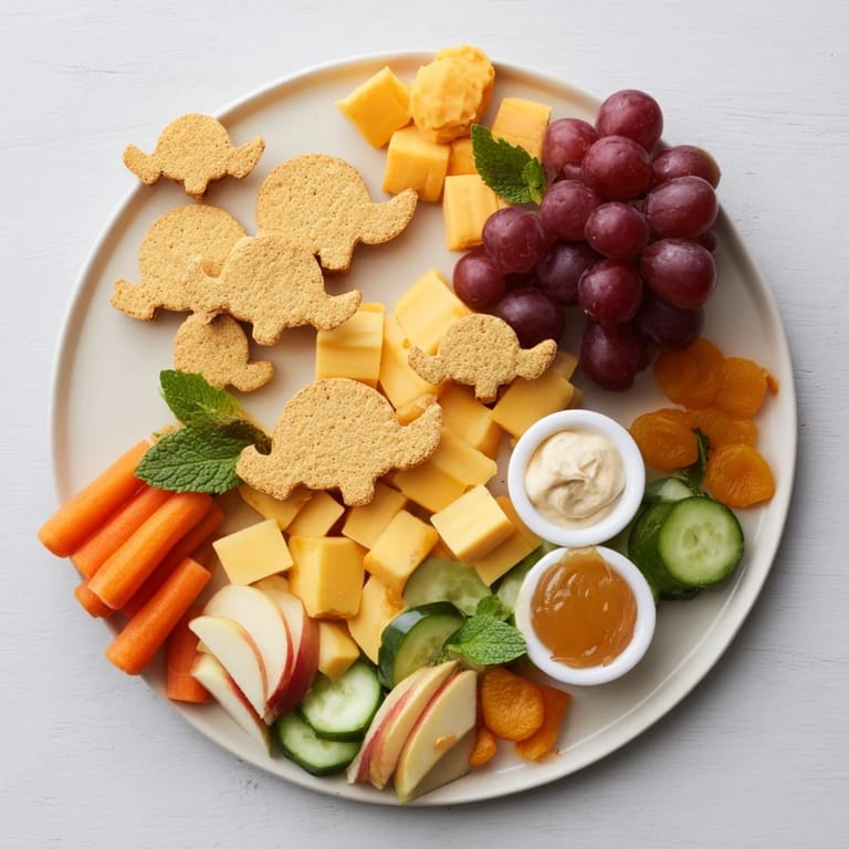 A festive Elephant Cracker Board featuring a creamy brie wheel next to an arrangement of fruit.