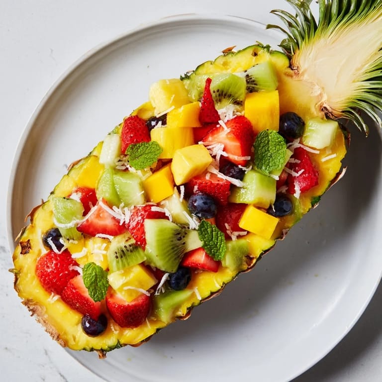 A close-up of a refreshing Tropical Bliss Pineapple Fruit Boat, vibrant colors enticing the senses with fresh flavors.