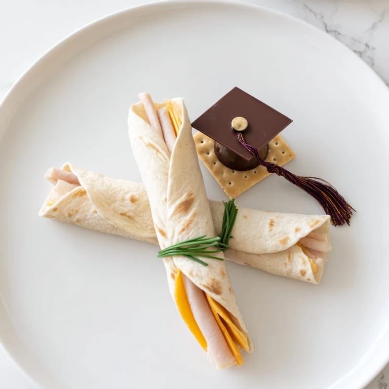 Delectable Graduation Cap Diploma Snack Wraps; a close-up of tasty, rolled diploma treats with chive ties.