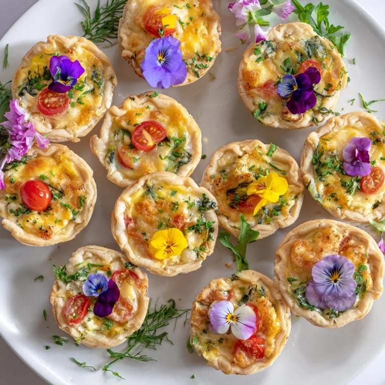 Savory Couronne Florale Mini Quiches, showcasing vibrant cherry tomatoes and a delicate, creamy egg filling, ready to enjoy.