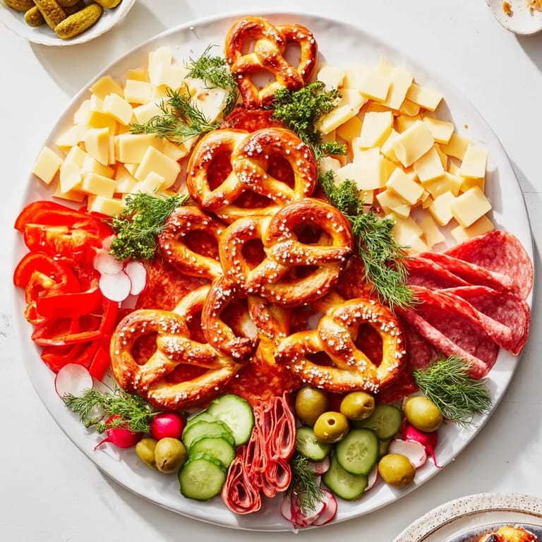 Beautifully arranged Bretzel Arbre de Vie: savory pretzel "tree" with dipping sauces ready to serve.