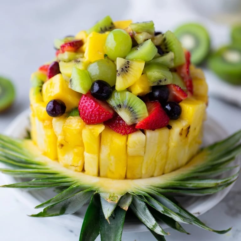 A refreshing serving of sweet Tropical Pineapple Fruit Boat garnished with mint, perfect for a sunny day.