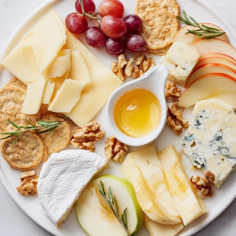 Elegant cheese plate, featuring assorted cheeses, crackers, and the sweet touch of honey.