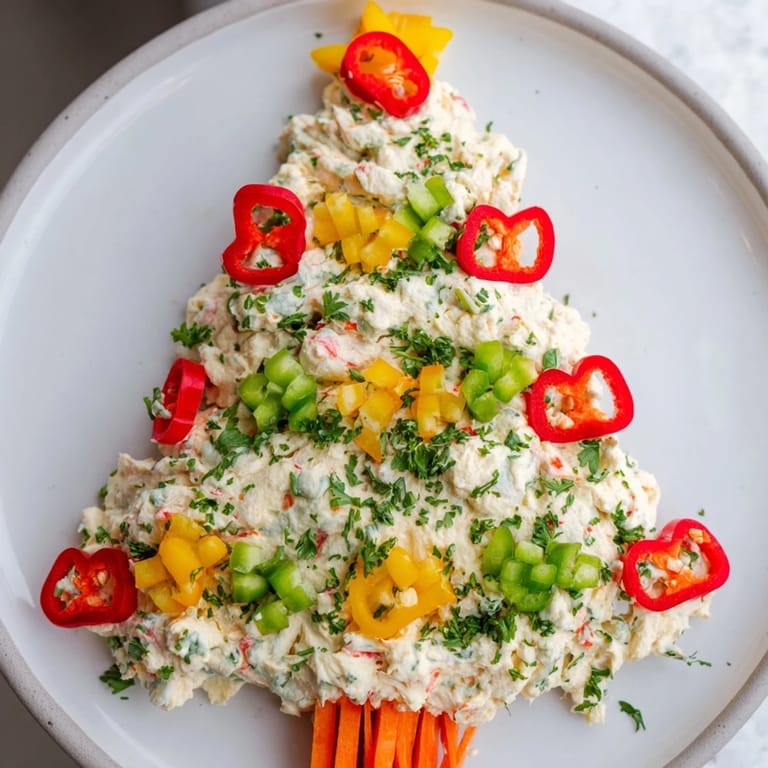 Fresh-looking Chili Pepper Christmas Tree Dip, perfect for a party, with a creamy cheese base and festive decorations.
