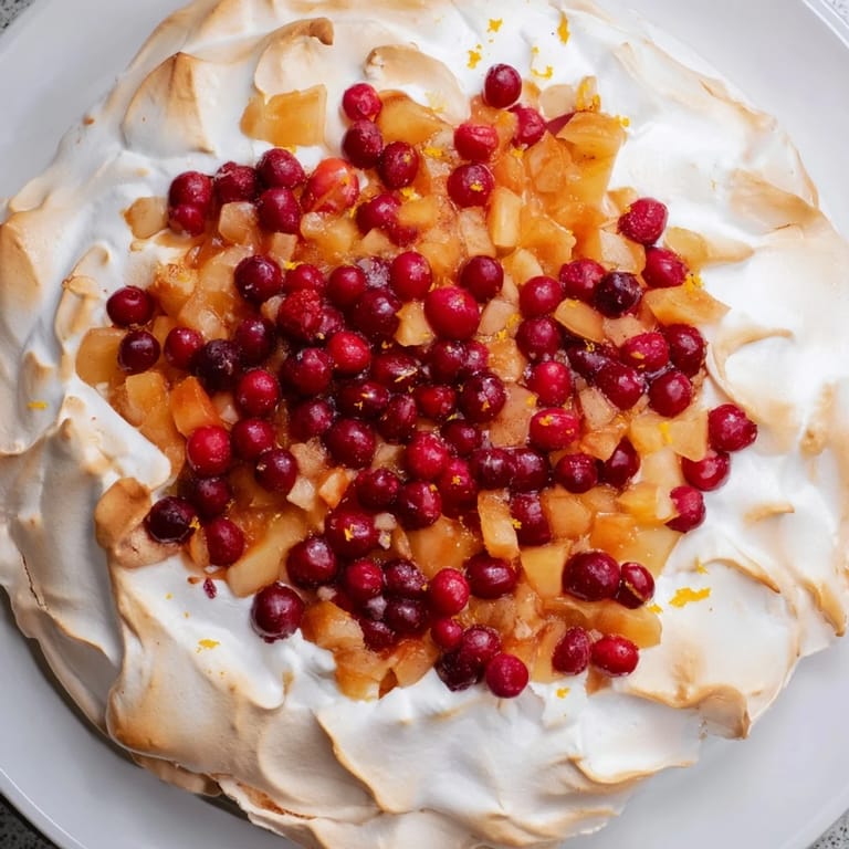 A beautiful Cranberry and Pear Snowscape, featuring caramelized fruit beneath billowy, golden meringue peaks.