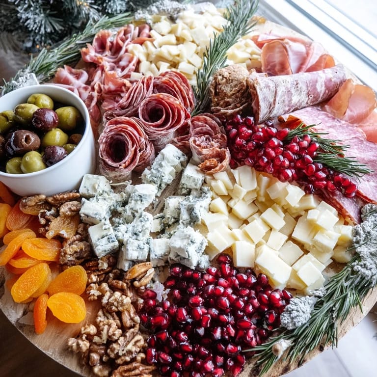 This festive Winter Forest charcuterie board offers a delicious variety of gourmet meats and cheeses.