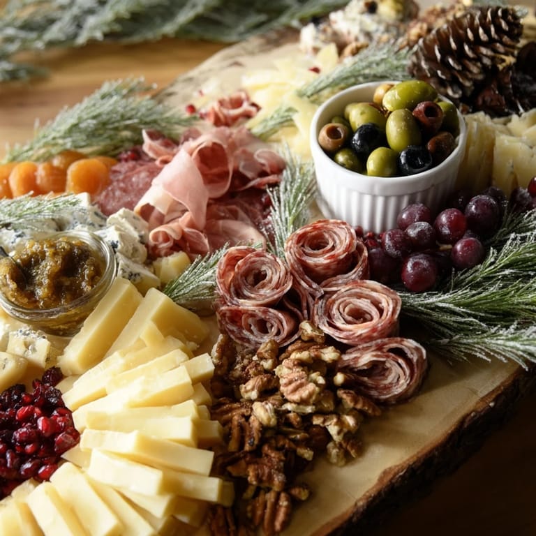 Imagine a rustic Winter Forest meat and cheese recipe board overflowing with holiday flavors and textures.
