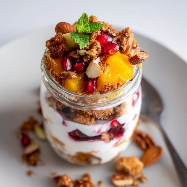 Creamy layers of Christmas Pudding Yogurt Parfait Bar topped with fresh fruit and crunchy granola.