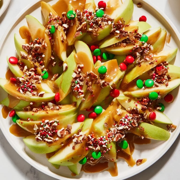 Vibrant Caramel Apple Slice Christmas Wreath, layered with chocolate, nuts, and Christmas candies; a festive treat.