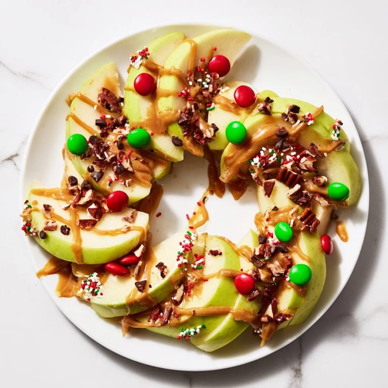 Sweet Caramel Apple Slice Christmas Wreath: A beautiful, holiday-themed dessert arranged on a platter.