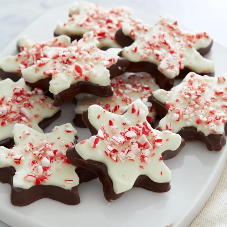 Shiny, colorful Peppermint Bark Snowflakes arranged and ready to serve for the holiday season's enjoyment.
