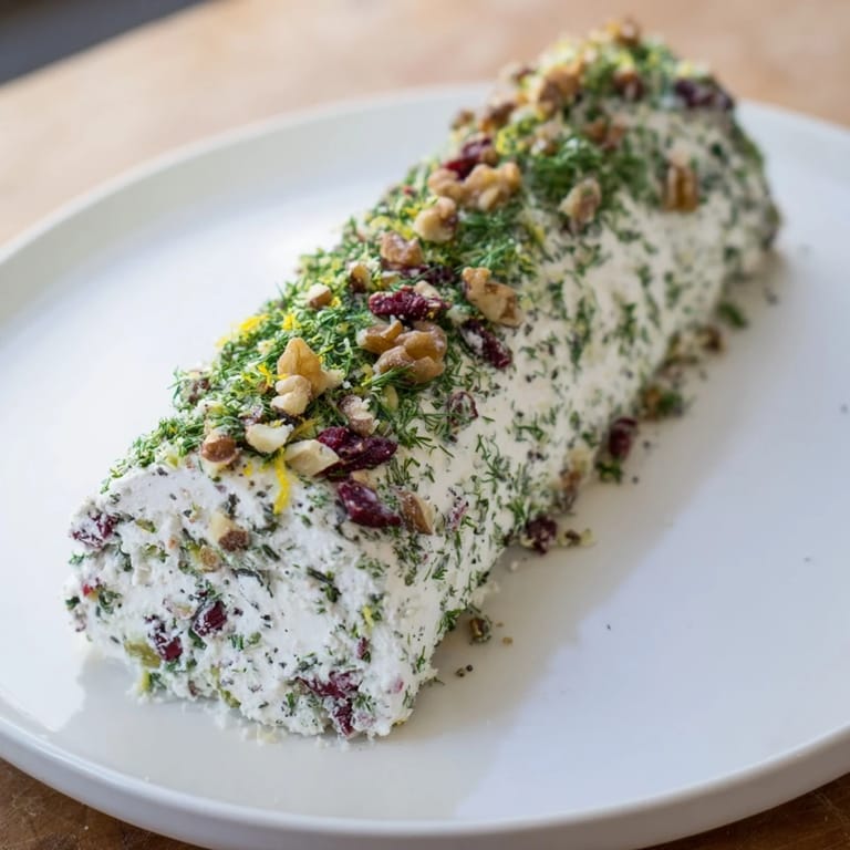 Creamy Winter Snowdrift Goat Cheese Log, garnished with fresh herbs and cranberries, appealing for any gathering.