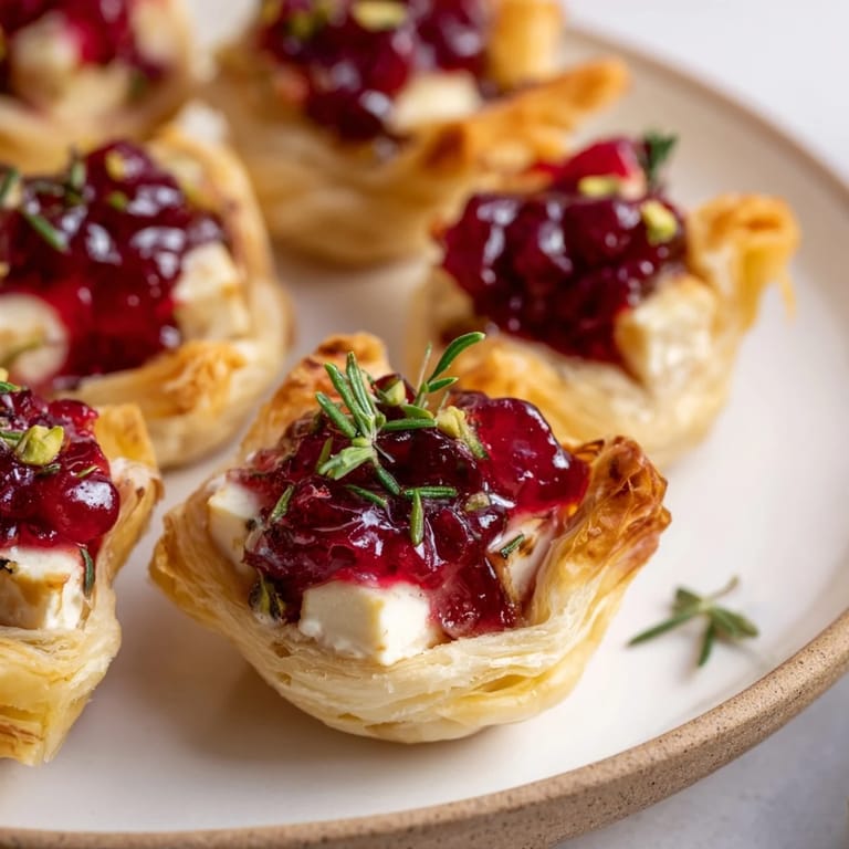 A close-up of a delightful Cranberry Brie Bites Wreath, showcasing the vibrant cranberry sauce and flaky pastry.