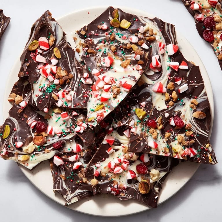 Crisp and colorful holiday bark recipe, showcasing a mix of chocolate and vibrant, sweet toppings.